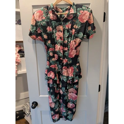 Vintage Karen Alexander Floral Print Dress Ruffle Hem Short Sleeve Midi (Read) - Image 1 of 4