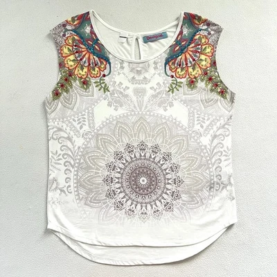 Chaleco Básico Desigual Floral Multicolor Lentejuelas Blanco Boho Scoop Manga Camisa L Foto 1 de 4