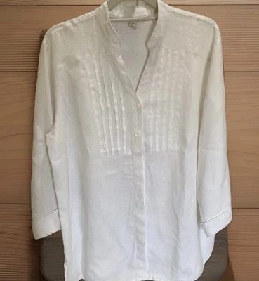 JM Collection size 12 White 100% Linen Blouse Long Roll Tab Sleeve - Image 1 of 4