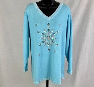 Quacker Factory Womens Winter Snowflake Sweater 1X Lt Blue w Rhinestones - Picture 1 of 6