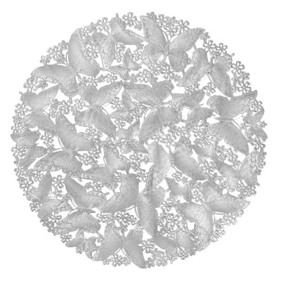Juego de 6 manteles individuales de vinilo redondos plateados brillantes de 15" con encaje floral mariposa... Foto 1 de 4