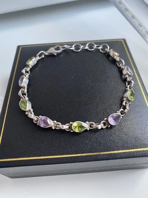 Vintage 925 Sterling Silver Peridot & Amethyst Crystal Gemstone Bracelet - Image 1 of 2