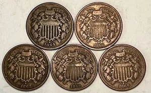 1864 1866 1867 1869x2 2-Cent Piece Set Collection Lot - F/VF Mostly Full Motto - Picture 1 of 2