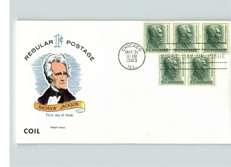 ANDREW JACKSON, President, 1963 FLUEGEL First Day of Issue, 5 coil stamps, cance - Image 1 of 1
