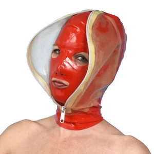 Latex Mask Double Layer Latex Hood Red& Transparent Full Cover Hood 0.4mm - Picture 1 of 2