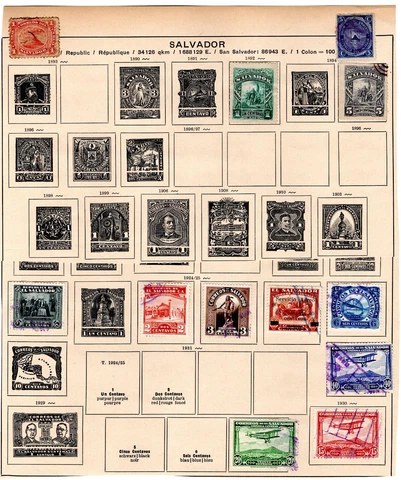 Stamp Collection- El Salvador on vintage album page remnants (C573) Cover