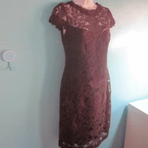 Tadashi Shoji Womens Size 4 Burgundy Illusion Yoke Lace Sheath Dress - Picture 1 of 14