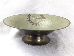 Enameled Brass Centerpiece Pedestal Bowl with a Sun and Crescent Moon Design - Picture 1 of 9