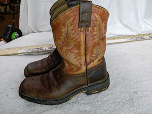 Ariat Workhog Wide Square Toe Boys 3.5 Brown Cowboy Western Boots Embroidered - Picture 1 of 10