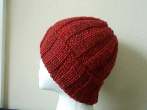 Hand knitted cozy and warm alpaca/wool/acrylic hat, deep red with colors - Picture 1 of 6