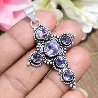 Faceted Amethyst Gemstone 925 Sterling Silver Cross Pendant Gift For Christian - Image 1 of 4