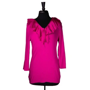 Ralph Lauren Women's Blouse Pink Satin Ruffle Stretch V-Neck Valentine's Top L - Picture 1 of 9