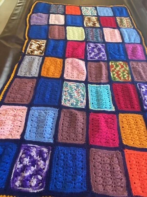 Knitted Multicolor Patchwork Granny Squares Blanket Throw Handmade - Image 1 of 4