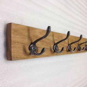 Solid Oak Wooden Coat Rack Rail Cast Iron Triple Hooks Handmade to order - Picture 1 of 2