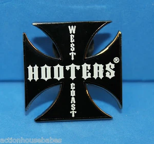 HOOTERS RESTAURANT BIKER'S BLACK CROSS/WHITE LETTERS WEST COAST MOTORCYCLE PIN - Picture 1 of 1
