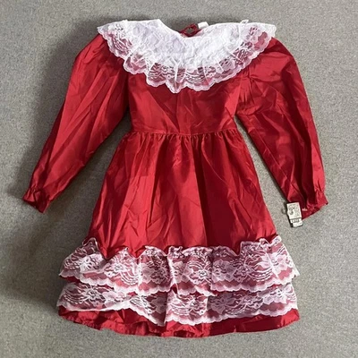 Vintage Joni J Dress Girls 6X Red White Lace Long Sleeve Holiday Party 80s 90s - Image 1 of 4