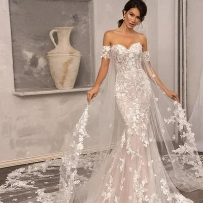 Vestidos de noiva luxuosos sereia apliques de renda xale de renda completo vestidos sem mangas - Imagem 1 de 4