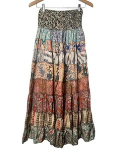 Recycelte Seidenmischung Blumen Patchwork Stufen Rüschen Rock Free Sz Gypsy Boho - Bild 1 von 9