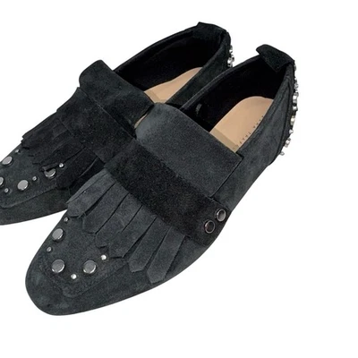 ZARA Trafaluc Black Suede Silver Studded Loafers Size 6 EU36 - Image 1 of 4