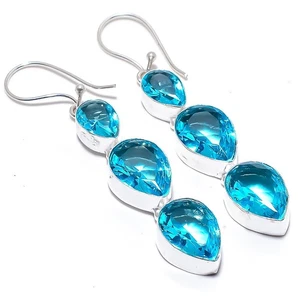 Topacio Azul Piedra Preciosa Hecho a Mano 925 de Ley Plateado Joyería Pendientes - Imagen 1 de 5