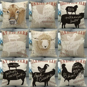 Retro Fresh Farm Animals Pig Cow Rooster Throw Pillow Covers Burlap Cushion Case - Picture 1 of 23
