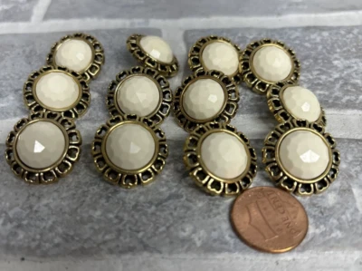 Lot of 12 Ivory Plastic Gold Tone Dome Flower  Buttons 21mm 7/8" Inch shank - Image 1 of 4
