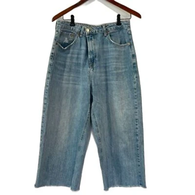 Topshop Cropped Moto Jeans 34 Cotton Straight Wide Leg Raw Hem Cut Off Crop - Image 1 of 4