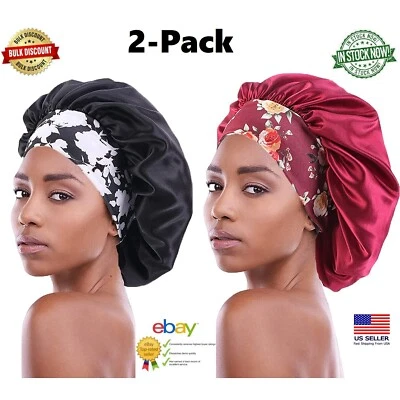 2PCS Elastic Wide Band Satin Hair Bonnets - Sleep Cap, Single Layer, Satin Cap - Image 1 of 4