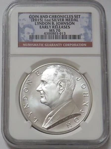 (2015) SILVER LYNDON B JOHNSON 1 OZ COIN & CHRONICLES MEDAL NGC MS 70 ER - Picture 1 of 2