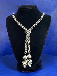 Vintage silberfarbenes Metallseil Bolo Slide Kugel Quaste mutig Lariat Statement Halskette - Bild 1 von 10