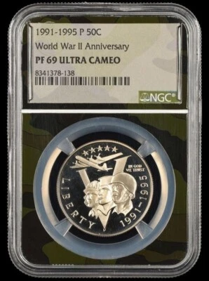 1991-1995 P World War II Proof Half Dollar 50C NGC PF69UCAM Camo Core Exclusive - Image 1 of 2