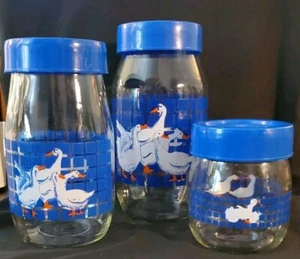 Carlton Glass Canisters w/ Lids, Geese Blue Squares, 2 L, 1.5 L, .75 L Vintage - Picture 1 of 3