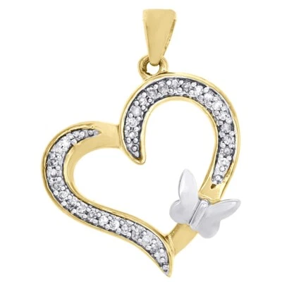 Colgante redondo enchapado en oro de dos tonos de 10K creado en laboratorio corazón y mariposa de diamantes Foto 1 de 4