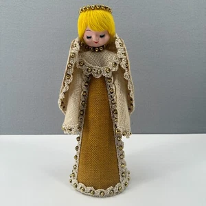 Vintage Burlap Angel Cardboard Cone 13 " Christmas Tree Topper MCM 1970's Gold - Picture 1 of 14
