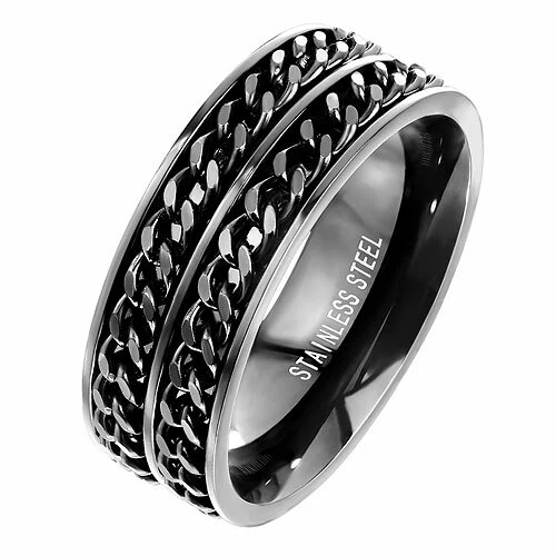 Spinner Ring Herren Edelstahl Fingerring Biker Doppelketten Style Schwarz - Bild 1 von 1