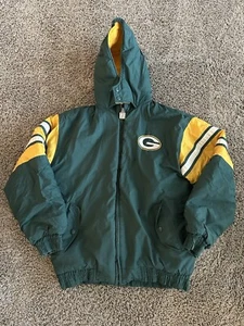 Vintage Green Bay Packers Logo 7 NFL Mantel XL gestreift Kapuze gesteppt Puffer - Bild 1 von 12
