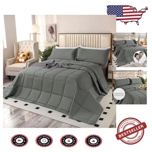 Gray Box-Stitched California King Comforter Set - Ultimate All-Season Comfort - Picture 1 of 11