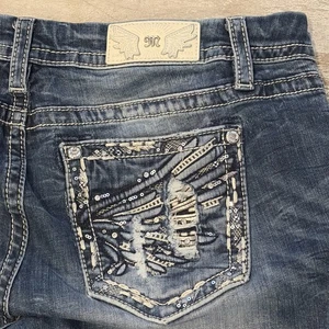 EUC MISS ME JEANS SZ 33 MID RISE CURVY STRAIGHT EMBELLISHED RHINESTONE Y2K DENIM - Picture 1 of 23