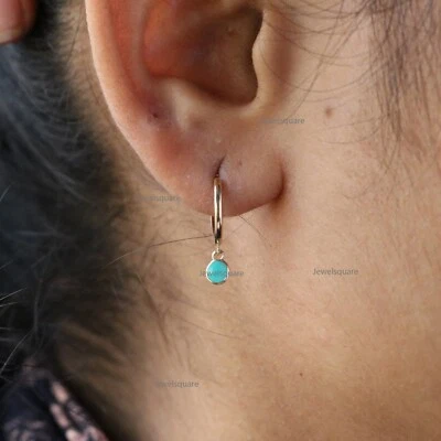 3mm Solitaire Natural Turquoise Drop Hoops Earrings 18kyellow Gold Fine Handmade - Image 1 of 3