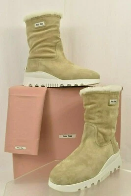 NIB MIU MIU PRADA BEIGE 5U282C SUEDE SHEARLING LOGO PLATFORM SHORT BOOTS 39.5 9 - Image 1 of 4