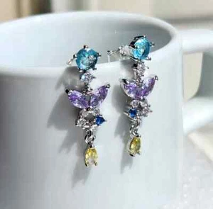 925 Sterling Silver Blue Purple Tourmaline 1'' Earrings Gemstone - Picture 1 of 2