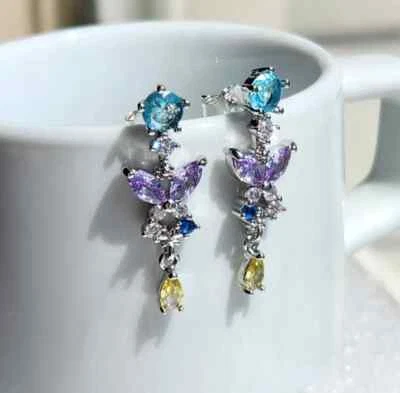 925 Sterling Silver Blue Purple Tourmaline 1'' Earrings Gemstone - Image 1 of 2