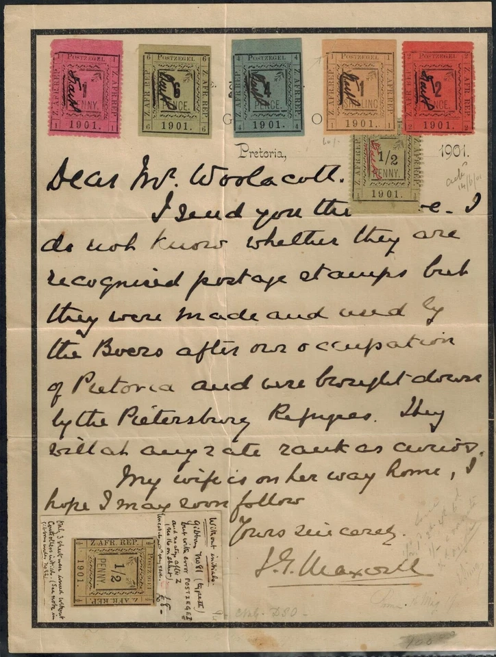 Carta de recuerdo TRANSVAAL Pietersburg con error 1/2d-1 firmado y 1/2d sin firmar Foto 1 de 3