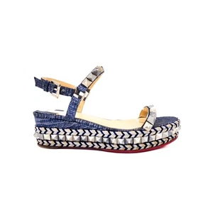 Christian Louboutin Silver Denim Platform Studded Espadrille Sandals Shoes EU 37 - Picture 1 of 8