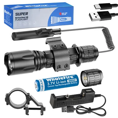 WHOLEFIRE / GARERIEL Tactical 500000LM LED Gun Flashlight Rail Mount Rechargeable Light For Hunting