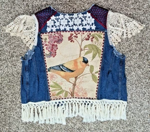 Upcycled XL Blue Denim Jean Vest Fringe Lace Applique Bird Hippie Boho Festival - Picture 1 of 12