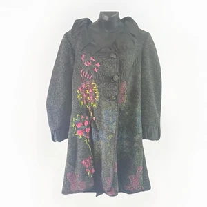 Grey/black Women 12 Embroidered Floral Boho Coat Jacket Opera Button Satin Trim - Bild 1 von 13