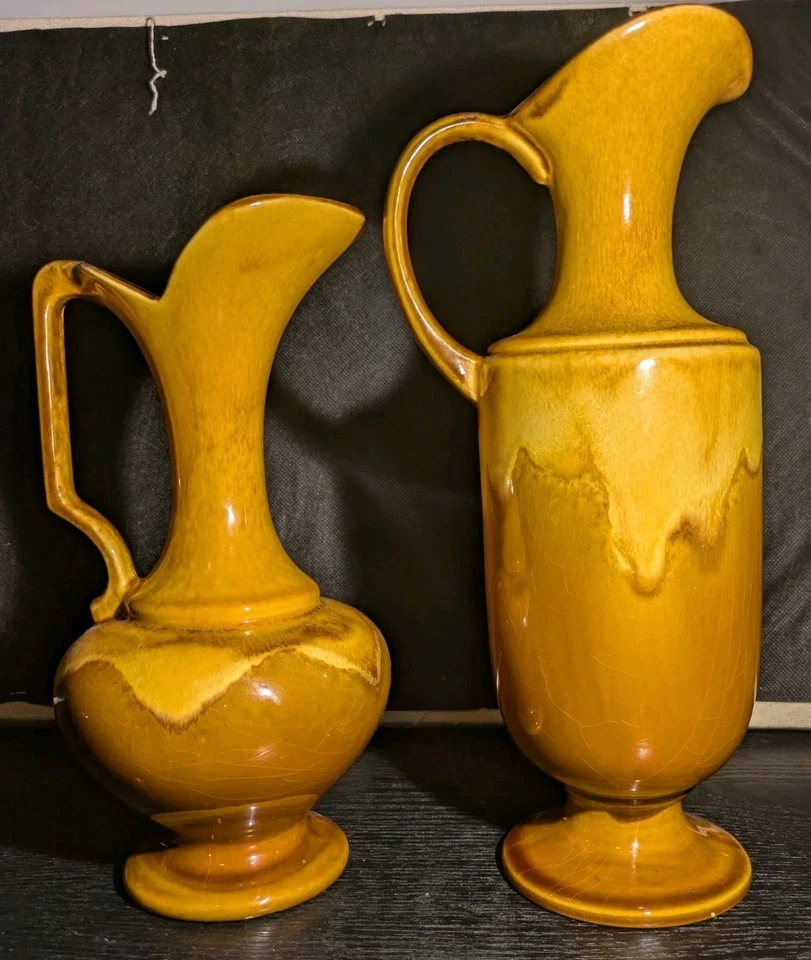 Lot Of 2 Vintage Mid Century Royal Haeger Vase Pitchers Orange Brown Drip Glaze - Image 1 of 4