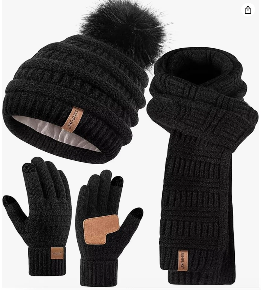 Womens Winter Beanie Scarf Gloves Set, Pom Pom Hat with Warm Fleece Lined Long K - Image 1 of 4