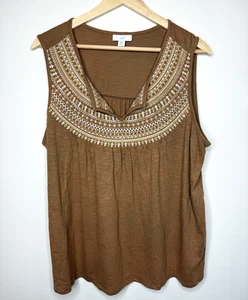 J Jill ärmelloses Top XL braun bestickt V-Ausschnitt Boho Landhaus Küste Tank - Bild 1 von 5